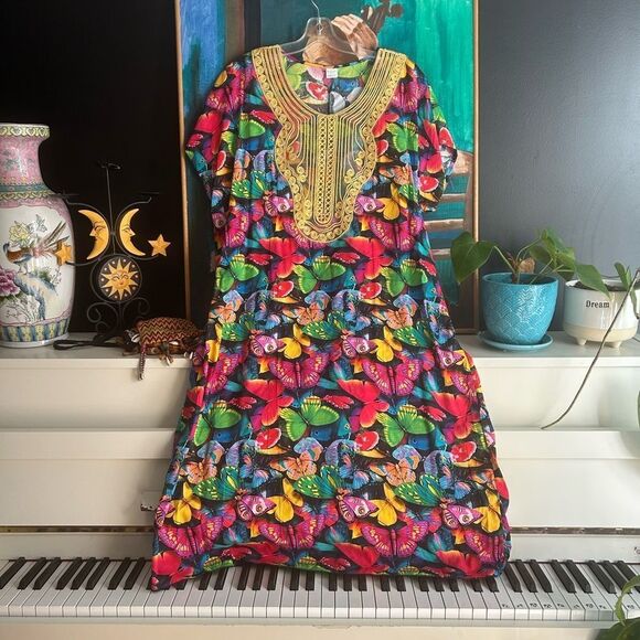 Vibrant Multicolor Maxi Dress with Butterflies and Gold Accents One Size - Picture 2 of 16